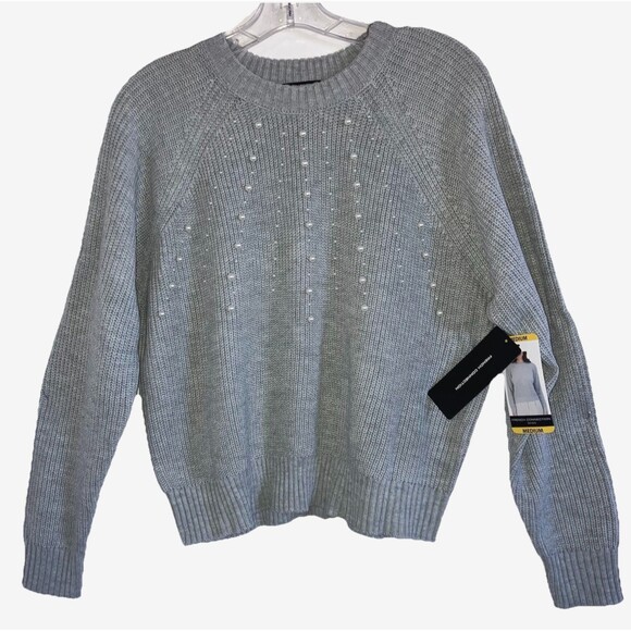 FRENCH CONNECTION sz M Light Gray Heather Pearl Front Pullover Knit Sweater Top - Picture 1 of 5